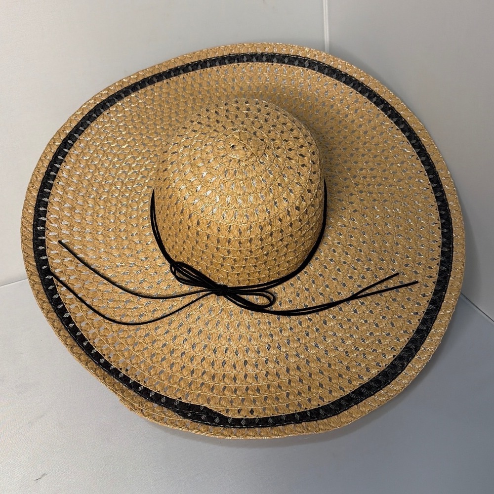 Tan Straw Wide Brim Sun Hat Metallic Silver Accents Black Lace Trim Bow RN87254